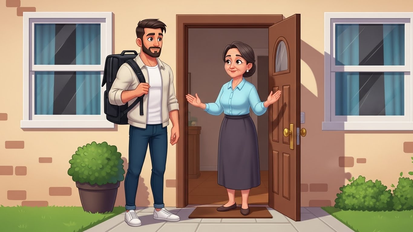 alt="أم تفتح الباب وتبتسم لابنها"