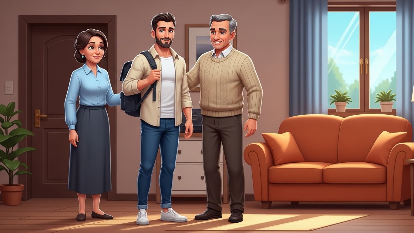 alt="أب يعانق ابنه عند الدخول إلى المنزل"