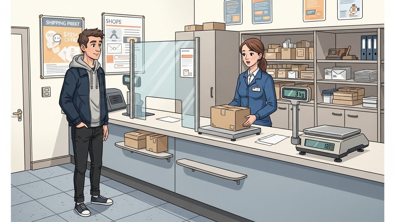 alt="المرأة تضع الطرد على الميزان وتخبر توم أنه ثقيل ويزن ثلاثة كيلوغرامات"
