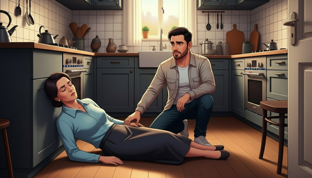 alt="سامي يجلس بجانب والدته ويمسك يدها أثناء الانتظار"
