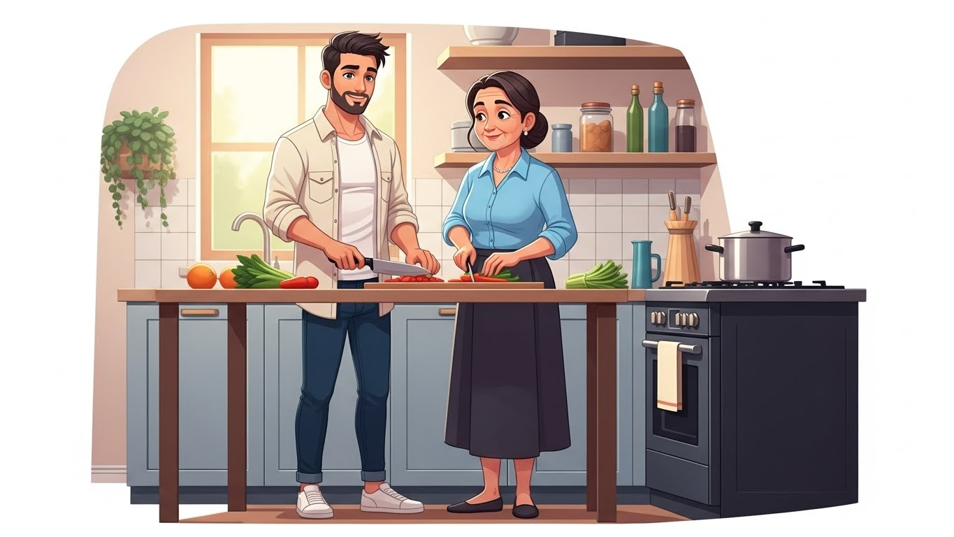 alt="الابن يساعد أمه في تقطيع الخضار ويضحكان"