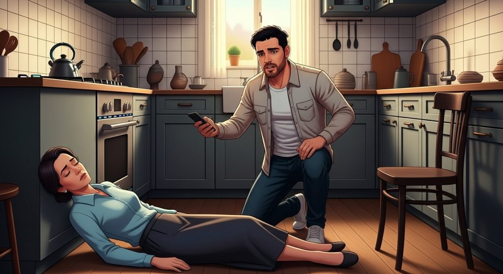 alt="والدة سامي تسقط على الأرض وتفقد الوعي"
