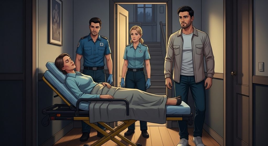 alt="المسعفون ينقلون والدة سامي إلى سيارة الإسعاف"
