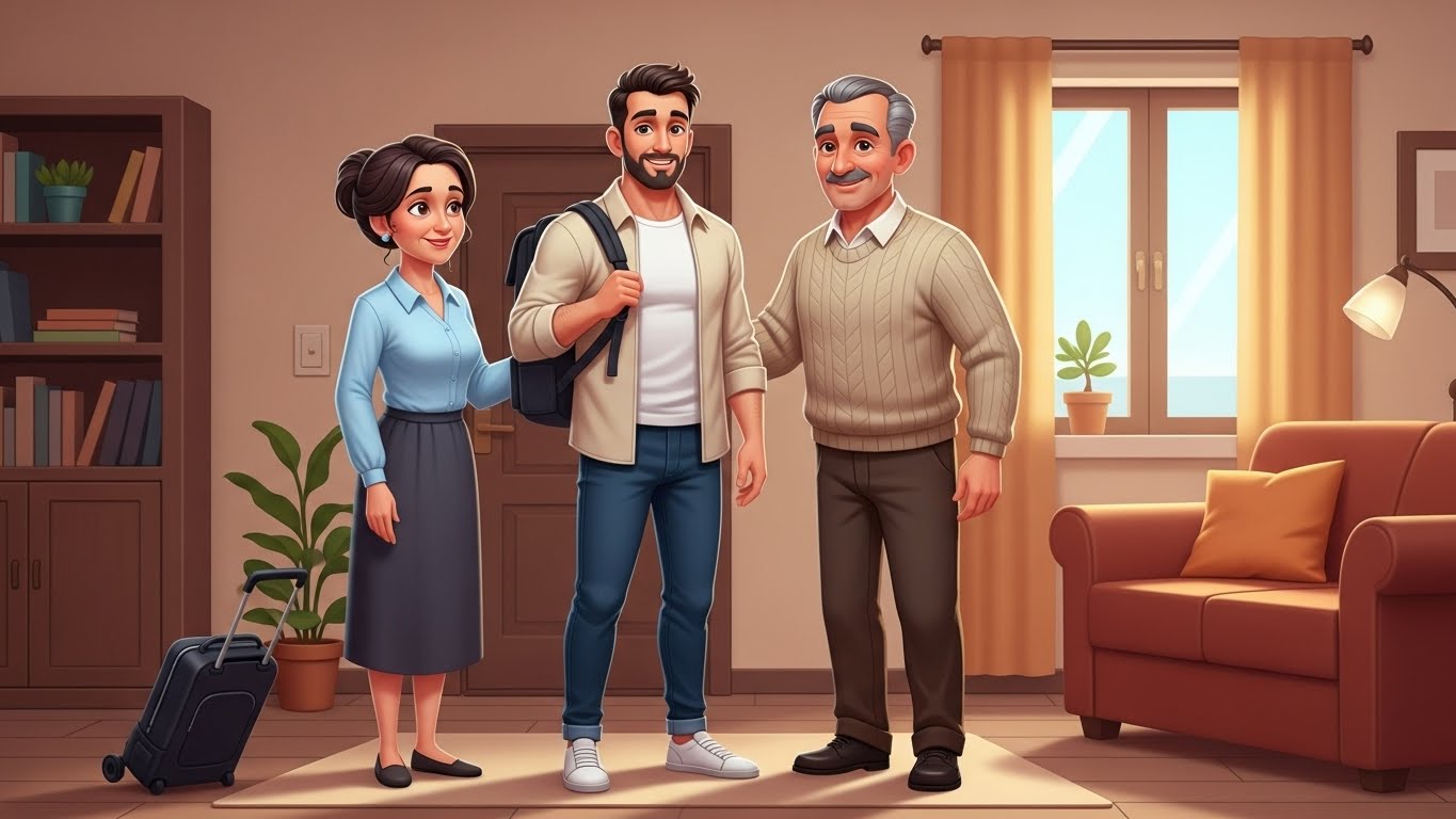 alt="الابن يعانق والديه ويودعهما في المساء"