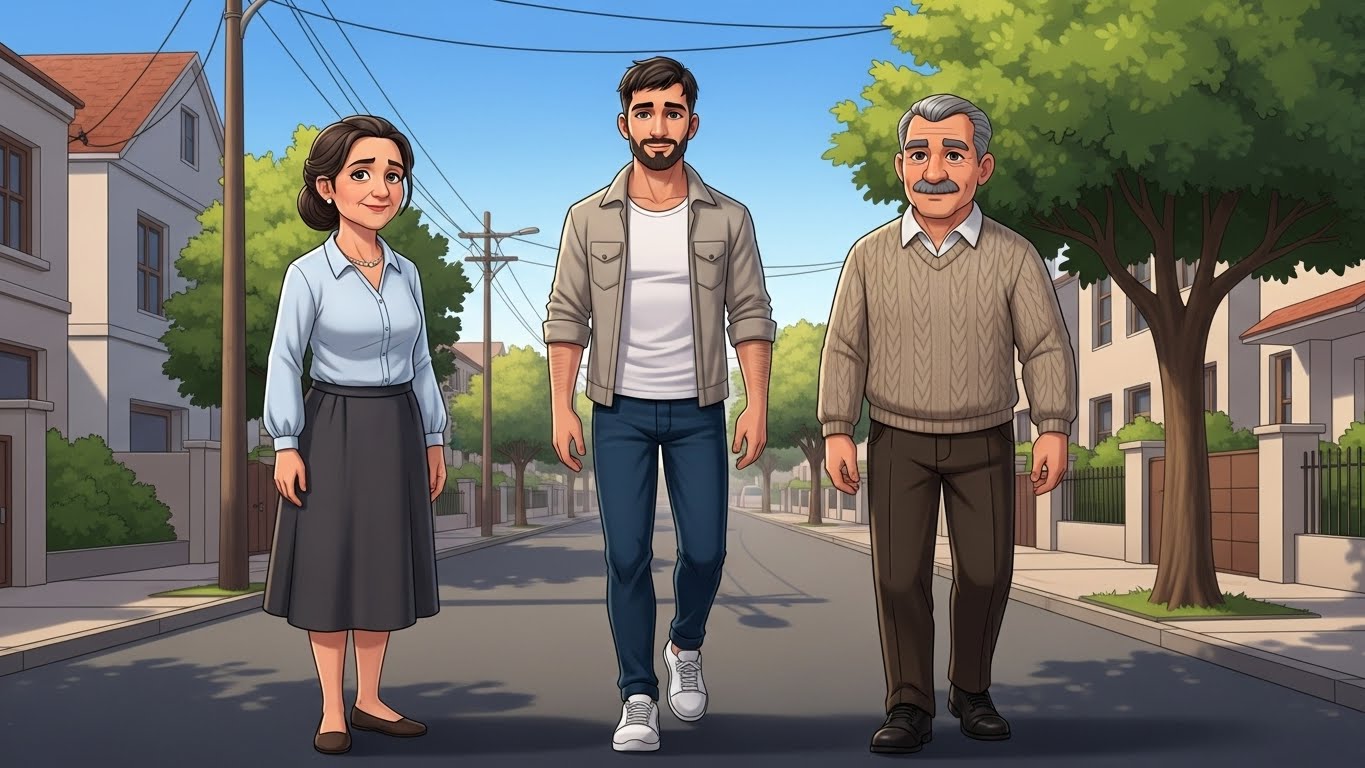 alt="العائلة تمشي معاً في نزهة بعد الظهر"
