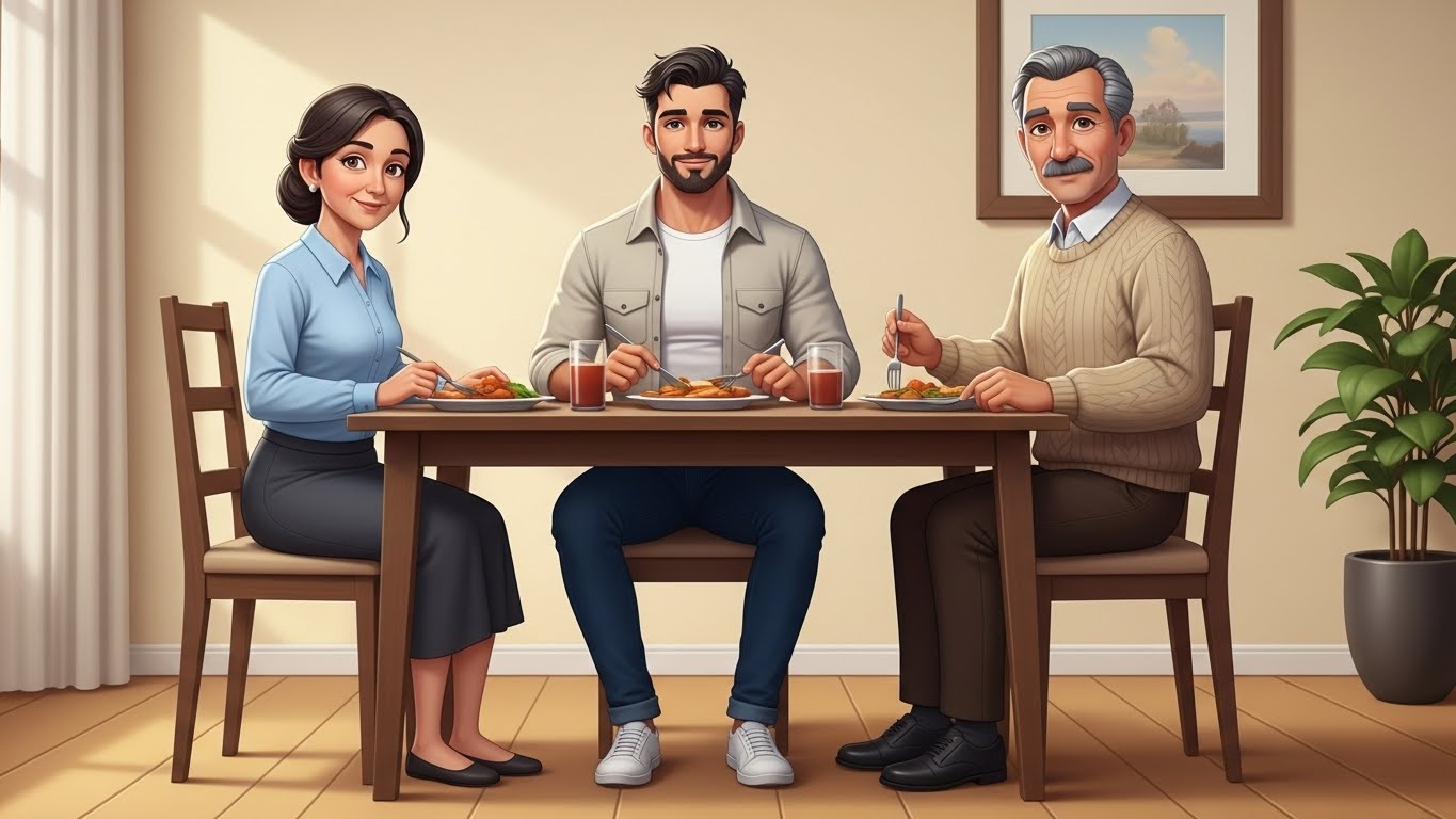 alt="العائلة تأكل الطعام معاً على الطاولة"