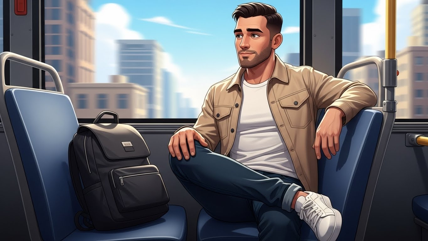 alt="شخص يجلس في الحافلة وينظر من النافذة"