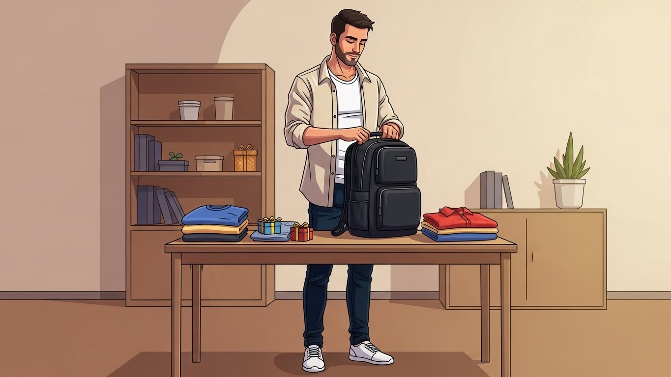 alt="شخص يحزم حقيبته ويضع فيها هدايا صغيرة"