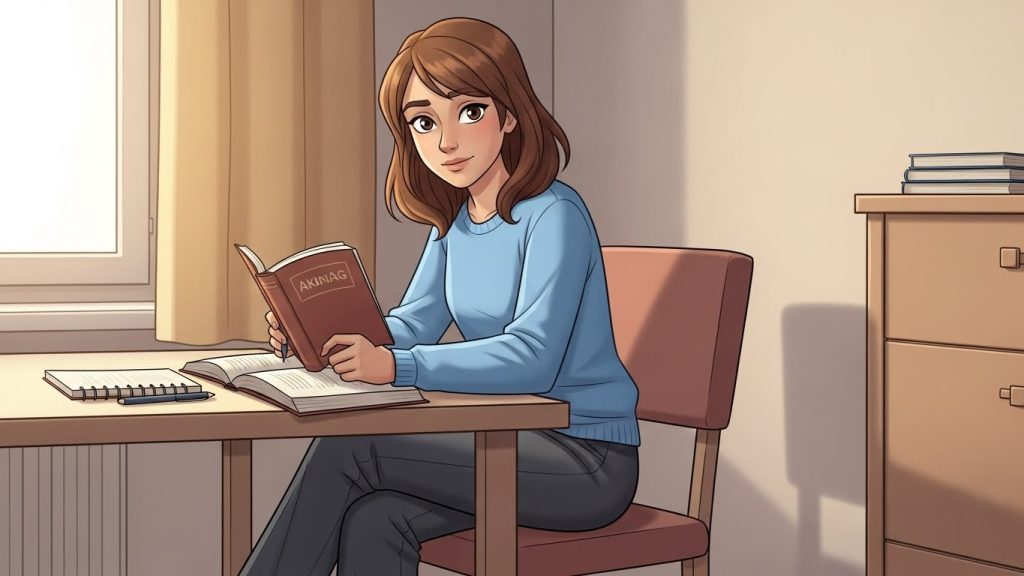 alt="آنا تجلس صباحاً على الطاولة وأمامها كتاب"