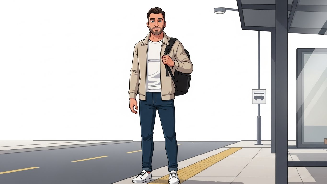 alt="شخص يقف عند موقف الحافلة وينتظر بهدوء"