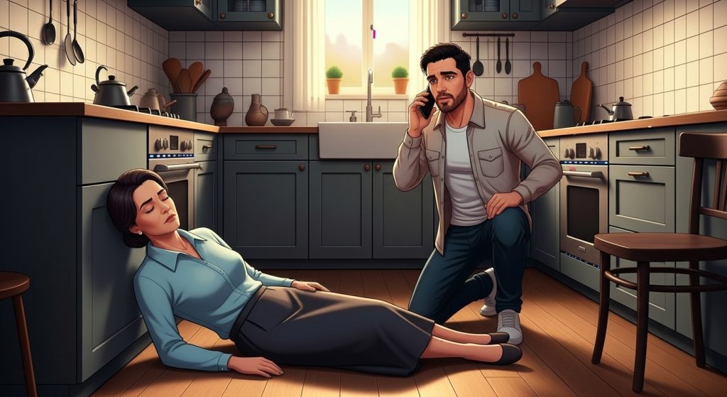 alt="سامي يمسك هاتفه ويتصل برقم الطوارئ 112"
