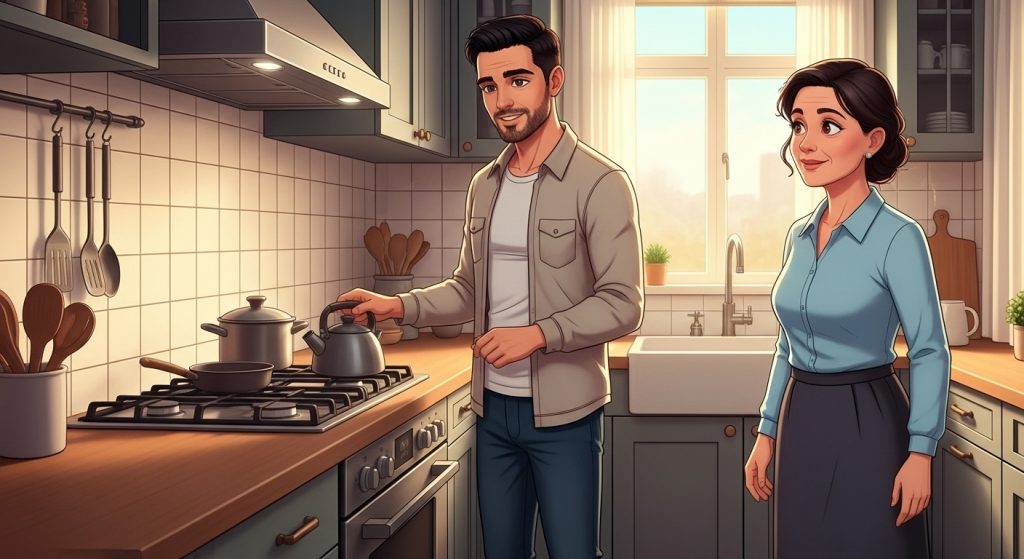 alt="سامي ووالدته في المطبخ في فترة بعد الظهر"
