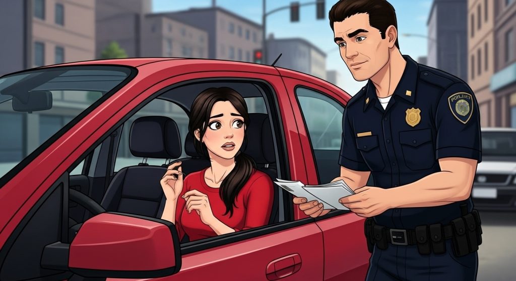 alt="شرطي يقف بجانب نافذة سيارة لينا ويتحدث معها بجدية"