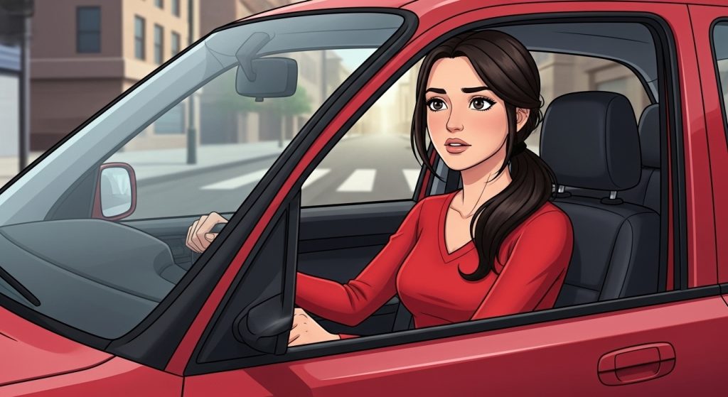 alt="لينا تقود سيارتها بسرعة في المدينة لأنها متأخرة عن موعد مهم"